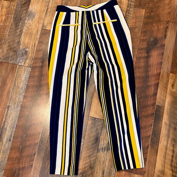 ZARA Blue/White/Yellow Striped Mid Rise Trousers - Picture 5 of 8